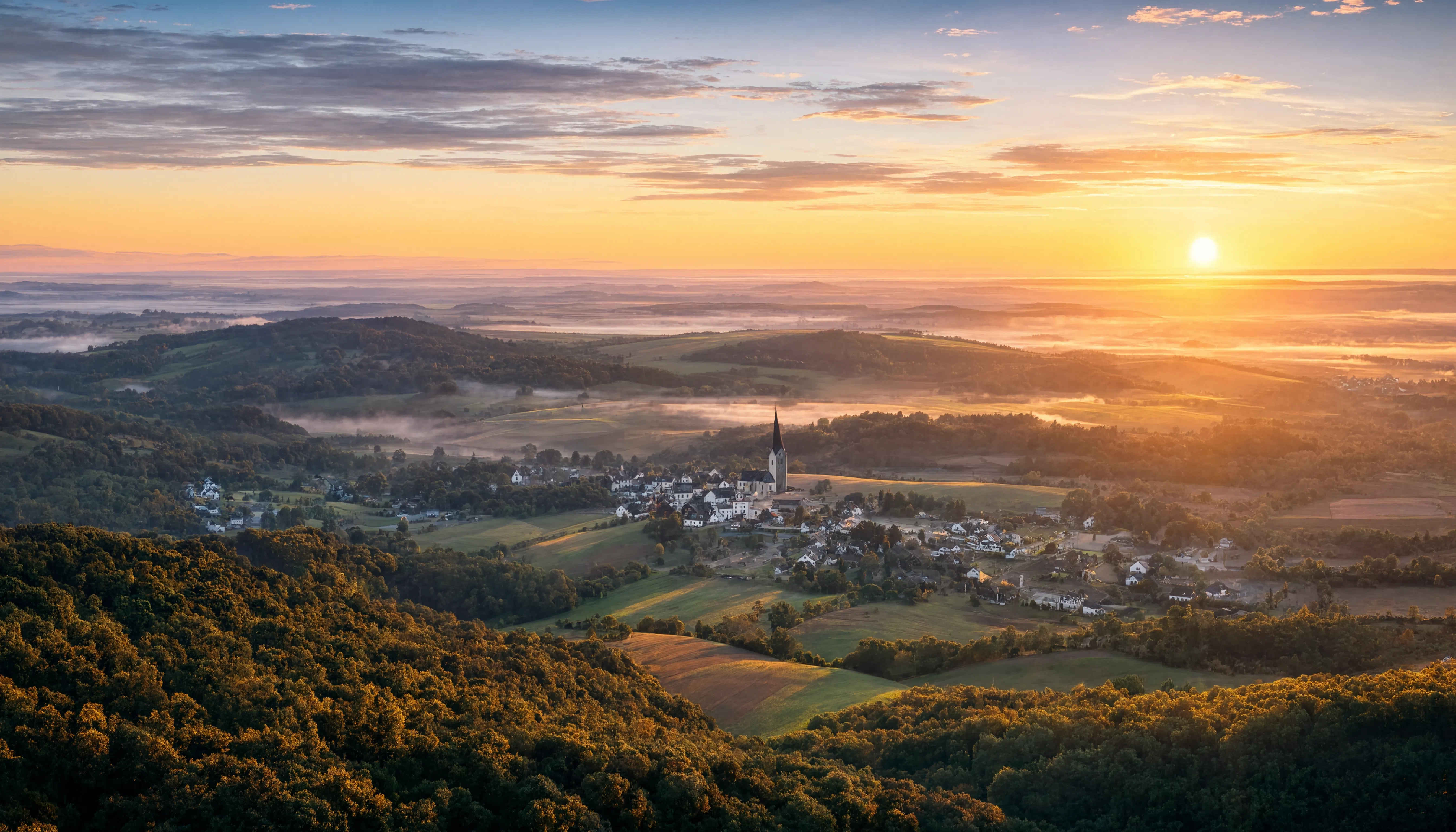 Weites deutsches Landschaftspanorama — Wälder, Hügel und morgenrötlicher Himmel