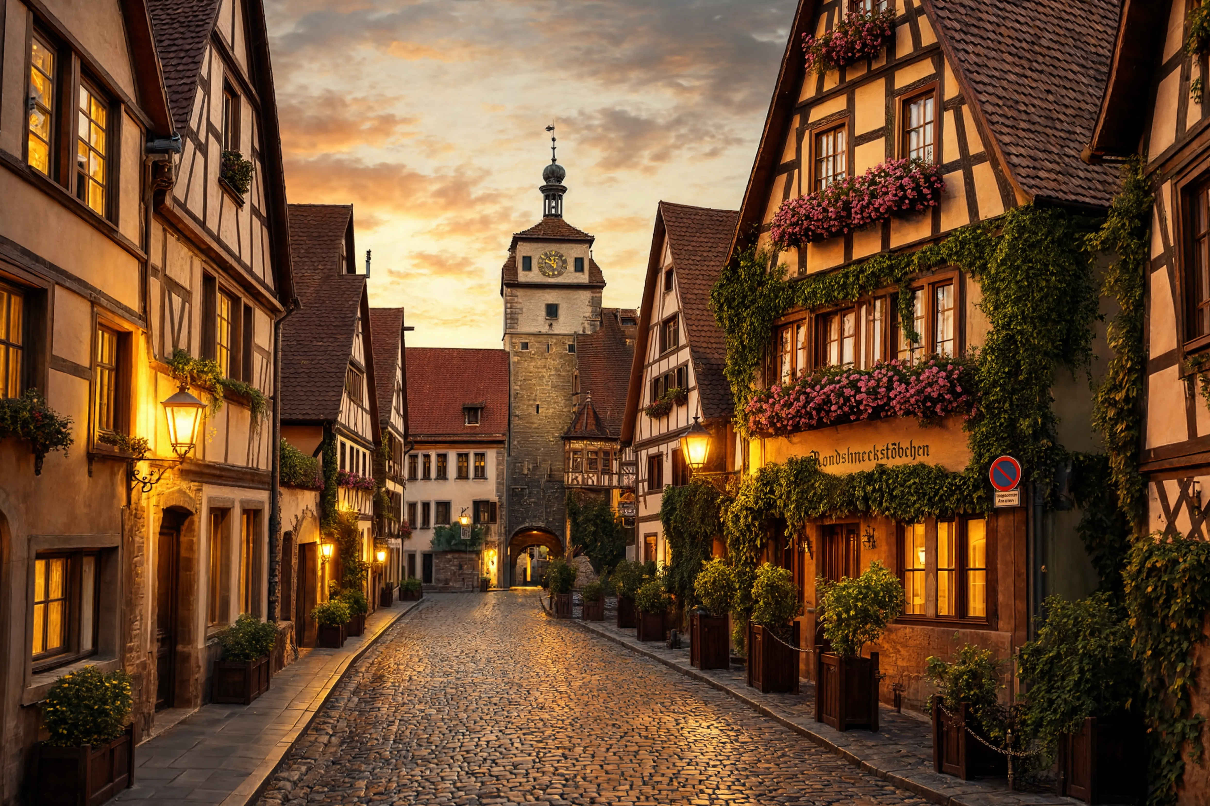 Historische deutsche Altstadt mit Fachwerkhäusern — Rothenburg ob der Tauber im Morgenlicht