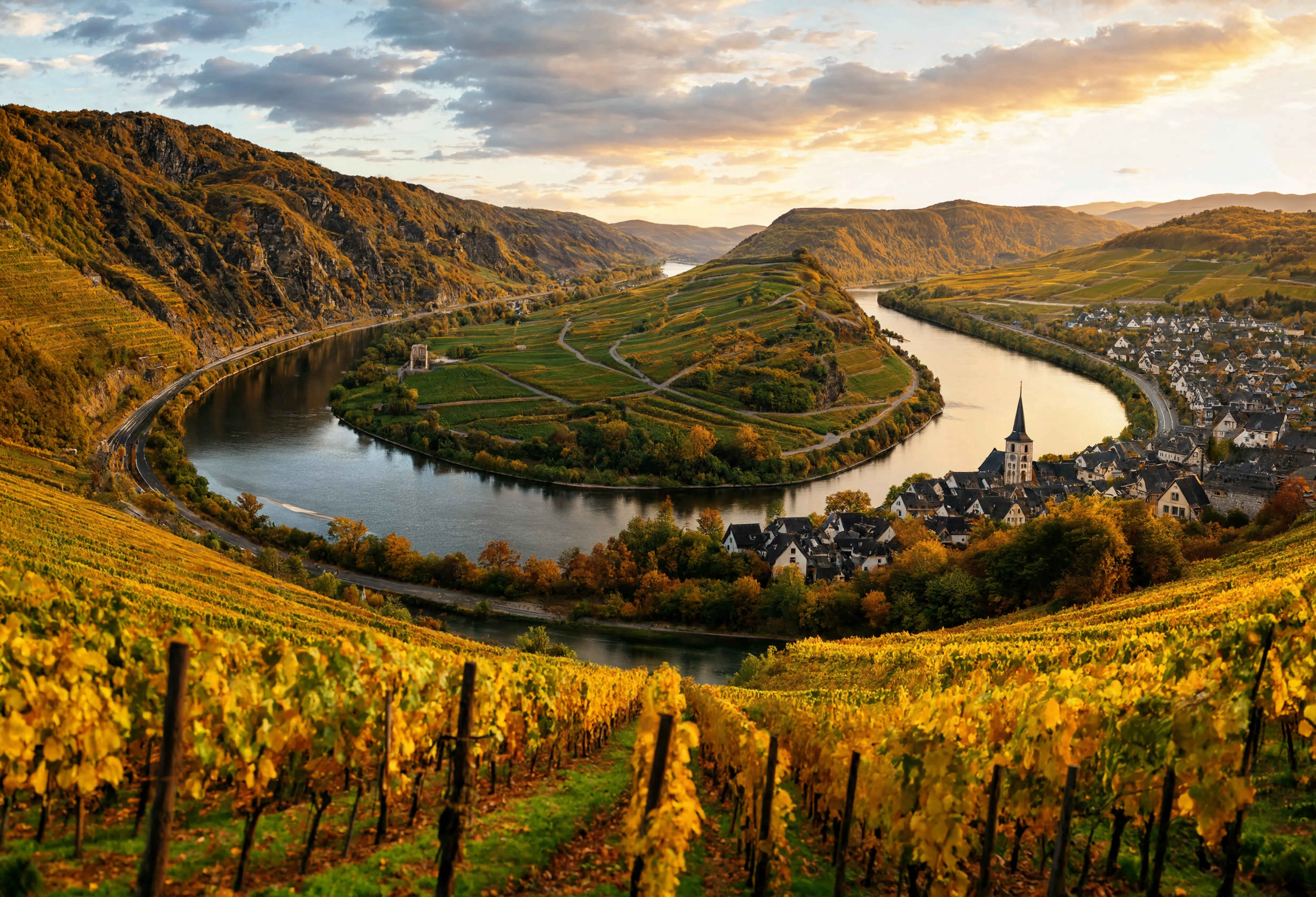 Mosel-Weinberge im Herbst — goldene Riesling-Terrassen über dem Fluss
