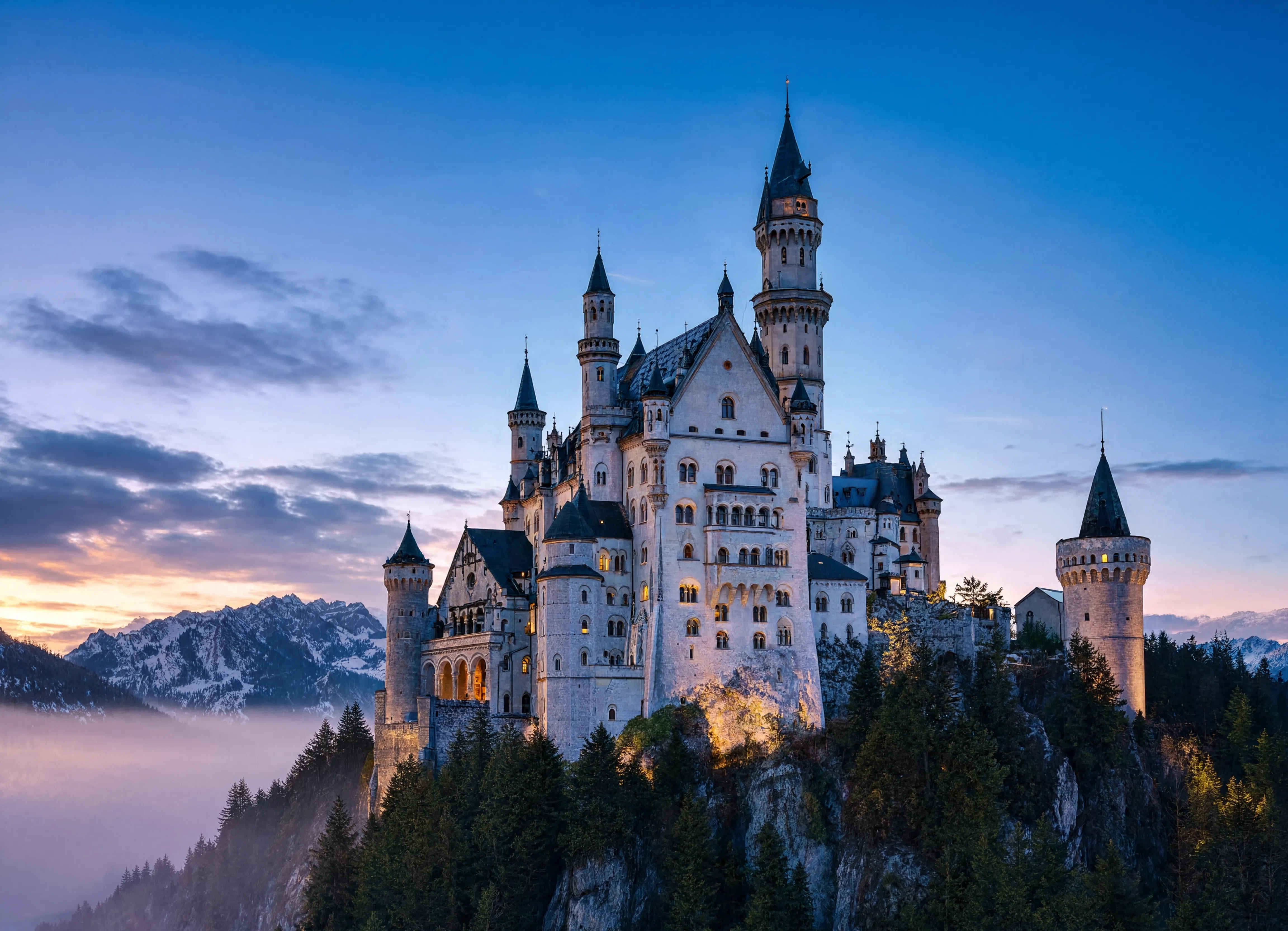 Schloss Neuschwanstein im Morgengrauen — romantisches Märchenschloss Bayerns