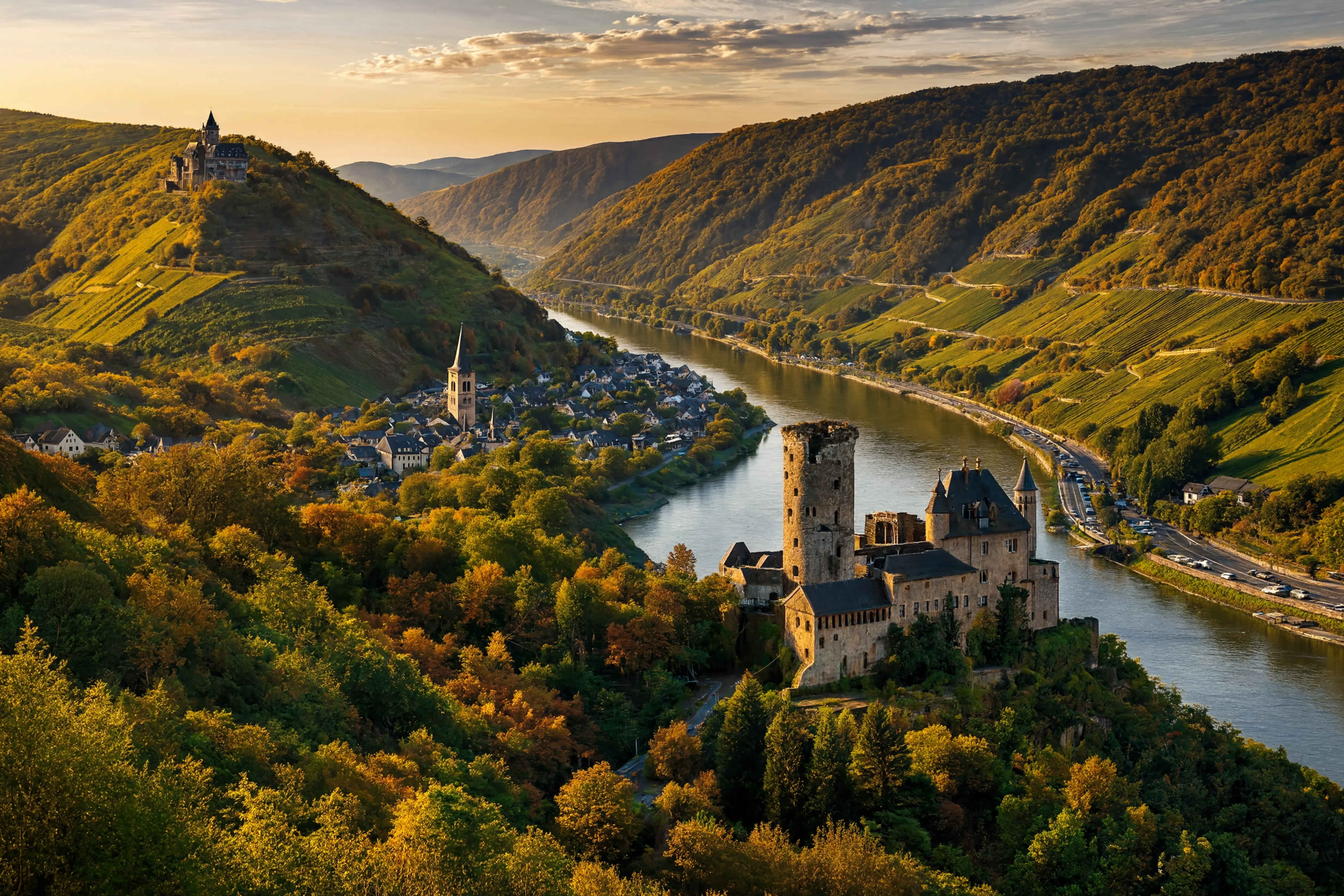 Rheintal mit Weinbergen und historischen Burgen im Morgenlicht